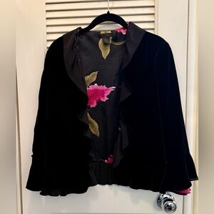 W.D.N.Y. Black Velvet Jacket with Pink Roses Lining Size 14